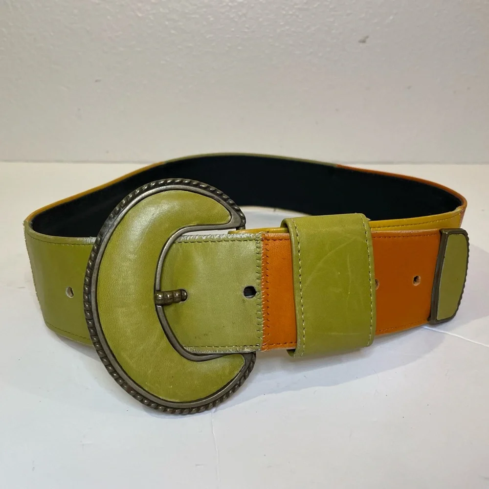 Vintage Alden‎ Howard Women’s Boho Stylish Green and Yellow Leather Belt Size S